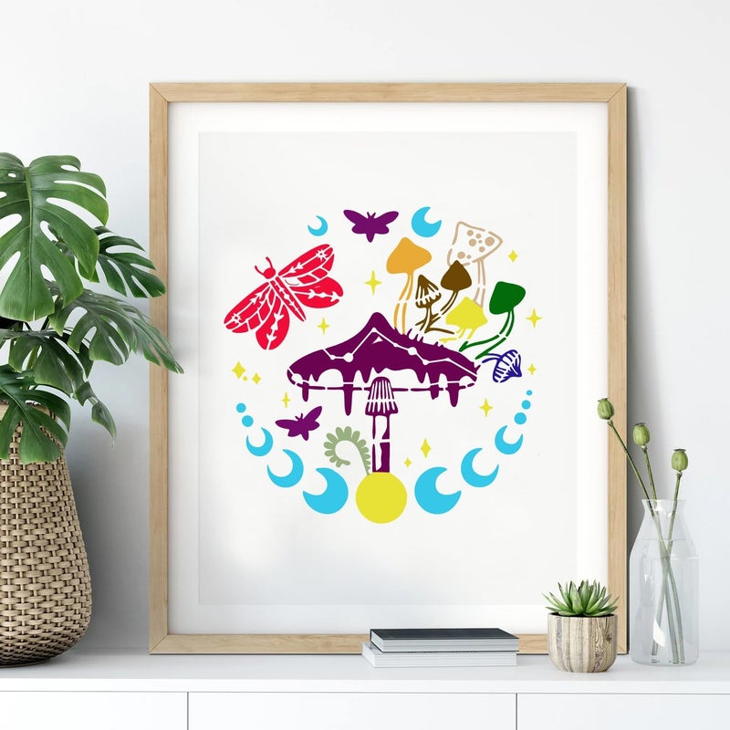 Resflyar 18 PCS Mushroom Stencils Large Reusable Crescent Moon Phase Drawing Template Bohemian Art Stencils for Painting on Wood Wall Tile Fabric Canvas Scrapbook Home Decor DIY Craft Projects - Image 5